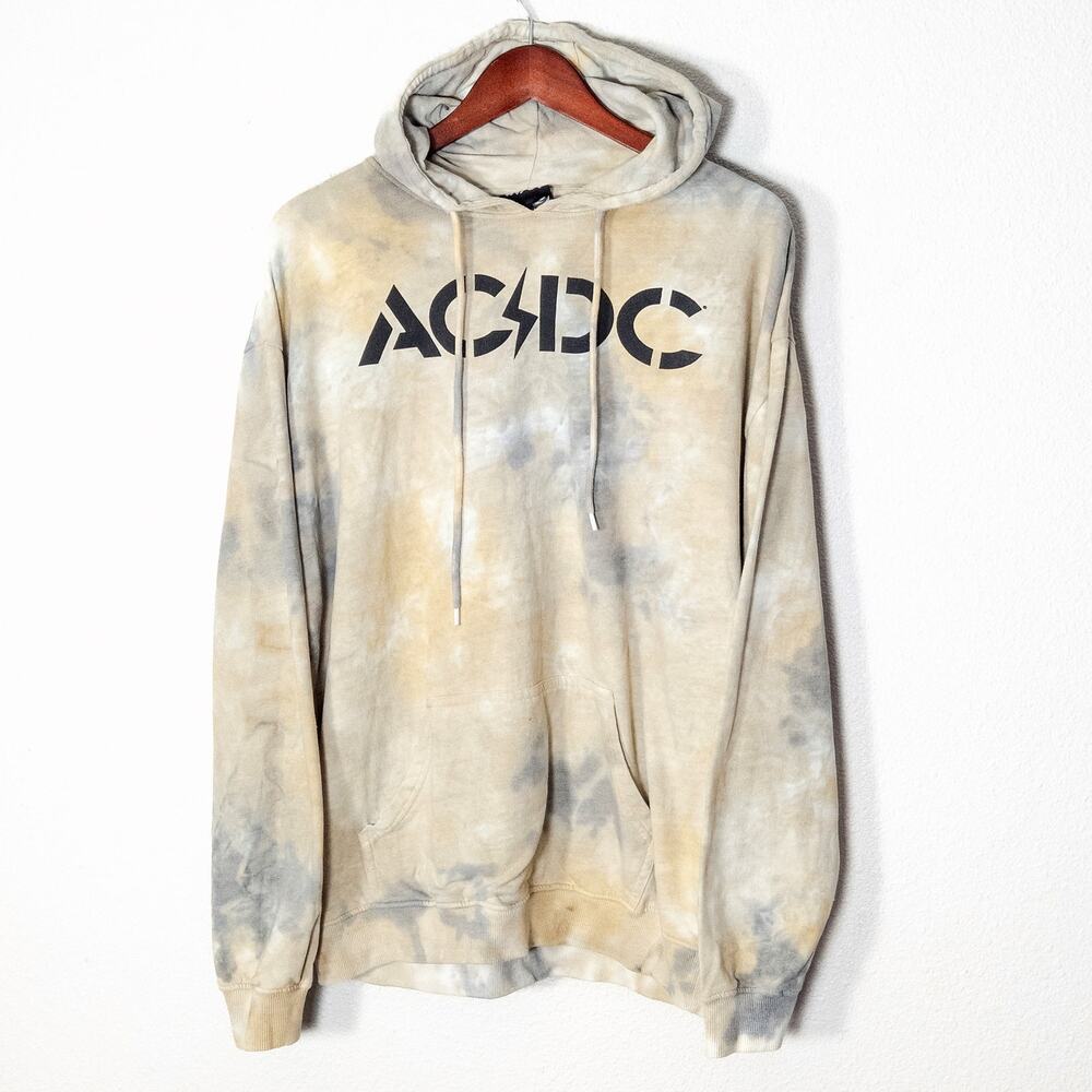 ACDC Acid Wash Graphic Hoodie Tan Gray Size L Grunge Rock Skater